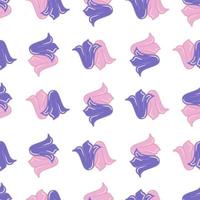 Isolated scrapbook seamless pattern with pink and purple tulip bud flower shapes. White background. vector