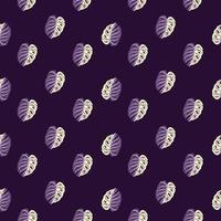 Tropical abstract seamless pattern with purple monstera leaf ornament. Dark background. Little exotic foliage. vector