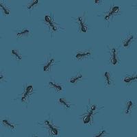 Seamless pattern colony ants on dark blue background. Vector insects template in flat style for any purpose. Modern animals texture.