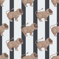 Childish animal seamless pattern with beige lion king shapes. Striped background with grey lines. vector