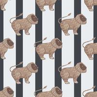 Childish animal seamless pattern with beige lion king shapes. Striped background with grey lines. vector