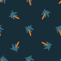 Decorative seamless pattern with blue palm tree ornament. Dark background. Doodle style nature hawaii print. vector