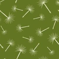 Hand drawn seamless doodle pattern with white dandelion elements ornament. Green olive background. vector