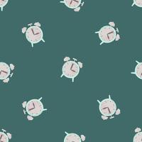 Morning seamless pattern with doodle alarm clock print. Turquoise background. Abstract technology artwork. vector