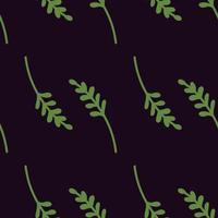Decorative seamless pattern with doodle green branches ornament. Dark navy blue background. Simple style. vector