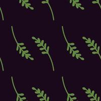 Decorative seamless pattern with doodle green branches ornament. Dark navy blue background. Simple style. vector