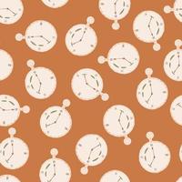 Doodle seamless pattern with white stopwatch elements ornament. Orange background. Abstract artwork. vector