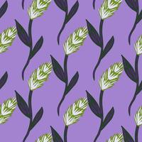 Botanic seamless pattern with green simple ear of wheat elements print. Pastel purple background. vector