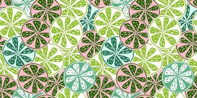 Slice citrus fruits seamless pattern. Tropical summer texture lemons, limes, and oranges. Sunny background. vector
