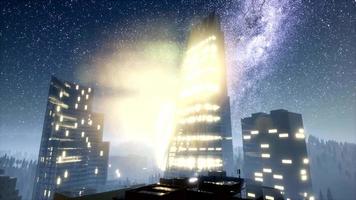 city skyscrapes at night with Milky Way stars video