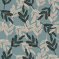 Abstract forast seamless tropic pattern with doodle foliage leaves elements. Blue background. Simple style. vector