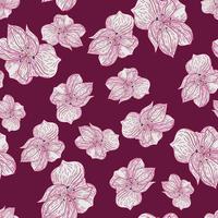 Vintage seamless doodle pattern with pink random outline flower elements shapes. Maroon background. vector