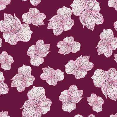 Vintage seamless doodle pattern with pink random outline flower elements shapes. Maroon background.