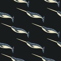 Seamless pattern Narwhal on black background. Template of cartoon character of ocean for fabric. vector