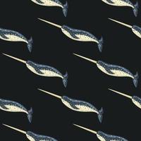 Seamless pattern Narwhal on black background. Template of cartoon character of ocean for fabric. vector