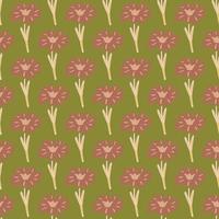 Seamless pattern with hand drawing wild flowers on pastel green background. Vector floral template in doodle style. Gentle summer botanical texture.