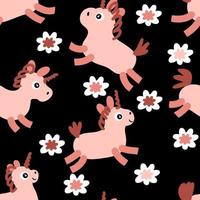 Doodle seamless pattern with unicorns and flowers. vector