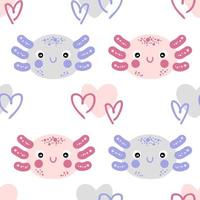 Hand drawn seamless pattern with axolotls faces and hearts. vector