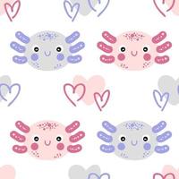 Hand drawn seamless pattern with axolotls faces and hearts. vector