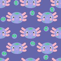 Underwater seamless pattern with axolotl faces and bubbles. vector