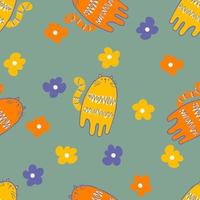 Hand drawn summer seamless pattern with tigers and flowers. vector