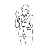 el hombre de negocios ajusta el botón de su camisa blanca en el vector de ilustración de gemelos dibujado a mano aislado en fondo blanco