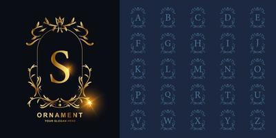 Letter S or collection initial alphabet with luxury ornament floral frame golden logo template. vector