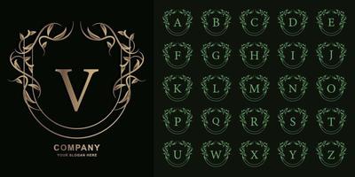 Letter V or collection initial alphabet with luxury ornament floral frame golden logo template. vector