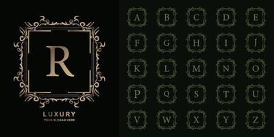 Letter R or collection initial alphabet with luxury ornament floral frame golden logo template. vector