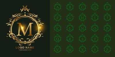 Letter M or collection initial alphabet with luxury ornament floral frame golden logo template. vector