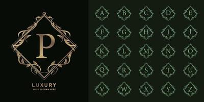 Letter P or collection initial alphabet with luxury ornament floral frame golden logo template. vector