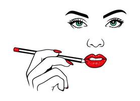 Beautiful woman applying lipstick. Red lips pencil. Beauty vector illustration