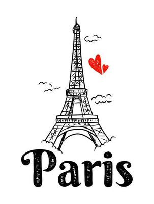 Vector hand-drawn illustration of Eiffel Tower famous building silhouette on white background.
