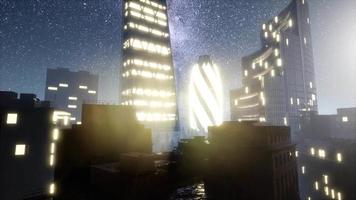 city skyscrapes at night with Milky Way stars video