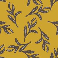 Seamless random pattern with pale purple tropic creative leaf branches ornament. Orange ocher background. vector