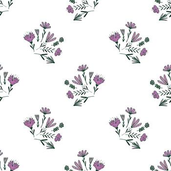 Isolated seamless pattern with pink outline flower elements. White background. Simple design. vector