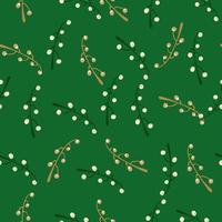 Seamless random pattern with doodle branches and berries. Green bright background. vector