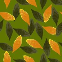 ornamento de hoja verde y naranja al azar patrón sin costuras. fondo verde obra de arte caída de otoño botánico. vector