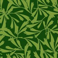 Herbal random seamless nature pattern with doodle leaves silhouettes. Green background. Simple style. vector