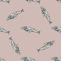 Seamless pattern with gray whale on pink background. Template of cartoon character of ocean for fabric. vector