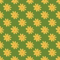 Abstract decorative seamless pattern with bright yellow flowers shapes print. Green background. vector