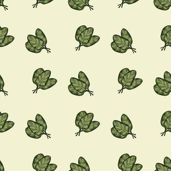 Seamless pattern bunch spinach salad on beige background. Simple ornament with lettuce. vector