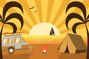 camping en una isla tropical con camión de viajeros vector