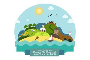 Landscape with Beach, Hills, Church, Mill, Fortress and Lighthouse vector