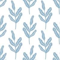 Isolated seamless pattern with doodle simple leaf branches blue ornament on white background. vector