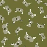 Head deer gray color with white horns chaotic seamless pattern on olive background. Children graphic design element for different purposes. vector