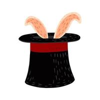 sombrero mágico con conejo aislado sobre fondo blanco. elemento mágico de dibujos animados para celebración boceto dibujado a mano color negro. vector