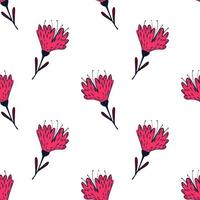 Botanic isolated seamless pattern with bright pink flower contoured elements. White background. vector