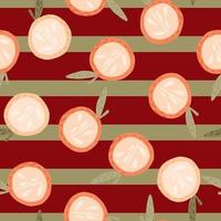 Random abstract seamless pattern with white half apples silhouettes. Red and green striped background. vector