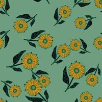 Random creative seamless pattern with yellow contoured sunflower shapes. Blue background. Bloom print. vector